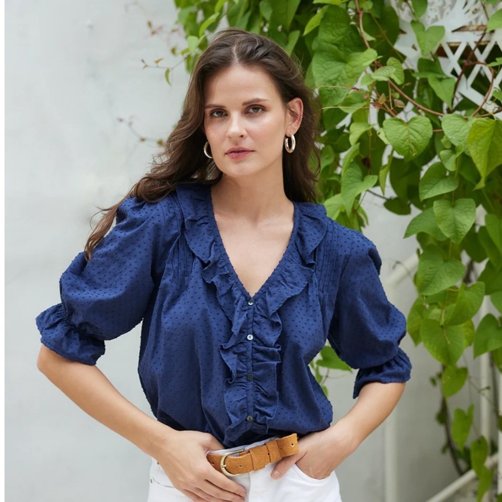 Paneros Chloe Navy Ruffle Button Front V Neck Cotton Shirt Top Small